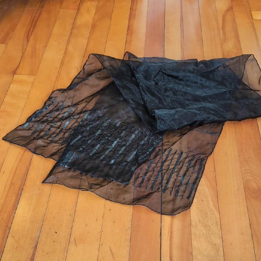 ALFRED SUNG Black Textured Sheer Scarf Sequin Detail 62" Long